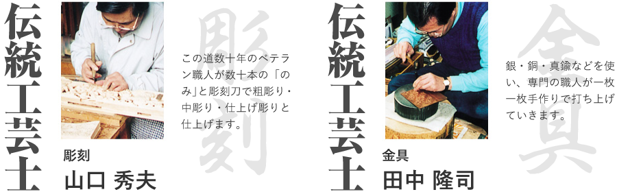 伝統工芸士。彫刻　山口 秀夫。この道数十年のベテラン職人が数十本の「のみ」と彫刻刀で粗彫り・中彫り・仕上げ彫りと仕上げます。伝統工芸士。金具　田中 隆司。銀・銅・真鍮などを使い、専門の職人が一枚一枚手作りで打ち上げていきます。